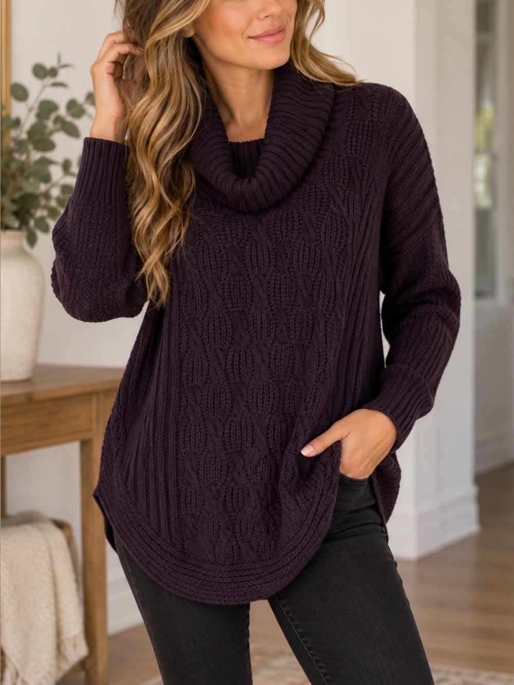 ALIA Petite Purple Cable Knit Cowl Neck Tunic Sweater PS Cozy Fall Winter